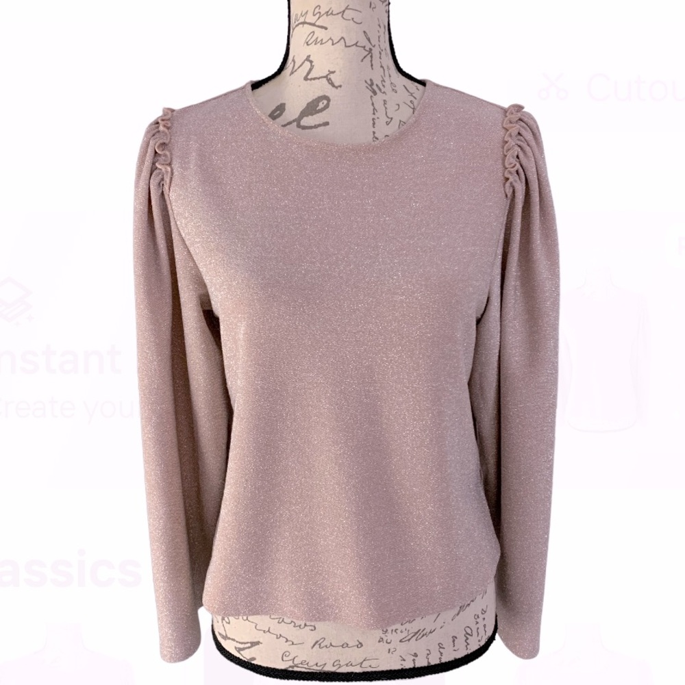 Express $60 Shimmer Metallic Glitter Wide Sleeve Ruffle Shoulder Crop Top Pink S